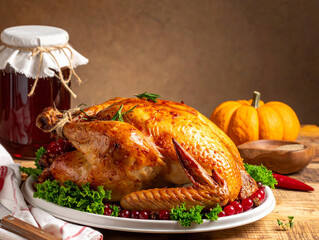 Classic Cheesecloth Turkey on a plate. Isolated on a wooden background.