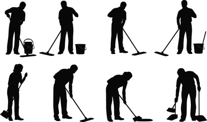 Vector Collection of Janitor and Cleaning Service Silhouettes Mopping Floors, Sweeping, and Using Buckets Illustrating Professional Housekeeping and Maintenance Work