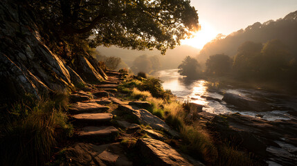 Golden sun rising above river with ancient stone trail