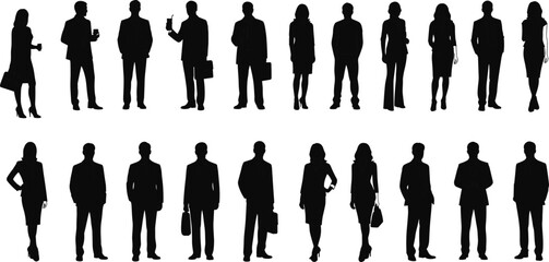 Large Collection of Business People Silhouettes in Formal Attire Standing with Briefcases and Phones Illustrating Diverse Corporate Professionals and Executive Staff
