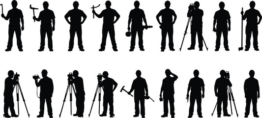Vector Collection of Construction Worker and Surveyor Silhouettes Holding Tools and Theodolites Illustrating Civil Engineering and Industrial Hard Hat Jobs