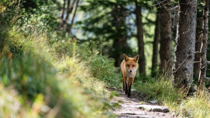 Naklejka premium A red fox walking along a sunlit forest path, surrounded by trees and tall grasses. Concept Red fox, Sunlit forest path, Trees and tall grasses, Wildlife photography, Dappled light
