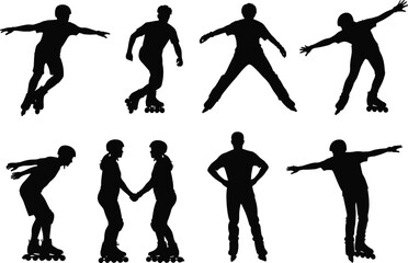 Vector Collection of Inline Roller Skate Silhouettes Illustrating People Skating in Various Dynamic Poses and Engaging in Outdoor Summer Sports Activity