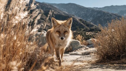 Naklejka premium A fox walking through dry grass in an arid landscape with mountains in the distance. Concept Fox walking through dry grass in an arid landscape, Distant mountains over a parched desert terrain