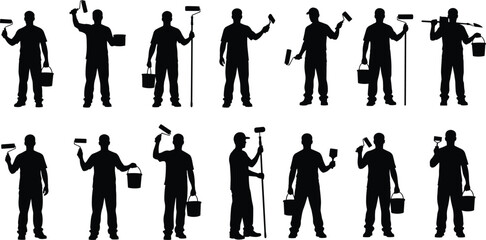 Vector Collection of Professional Painter Silhouettes Holding Paint Rollers, Brushes, and Buckets Isolated Illustrating Renovation and Decorating Work