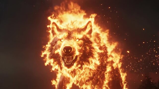 A mythical wolf made of fire roars aggressively. Animated fantasy creature with burning flames and glowing eyes over a dark forest. Concept of wild power and elemental energy