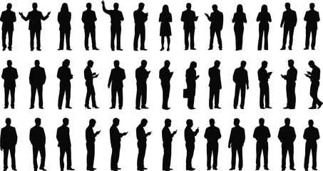 Large Group of Diverse Standing Business People Silhouettes Collection Engaged in Various Professional and Casual Activities Holding Smartphones and Tablets