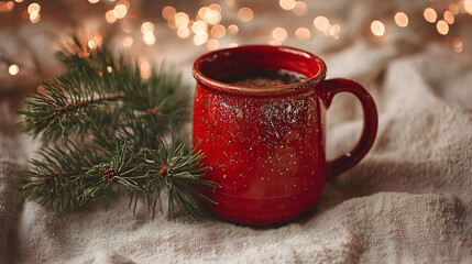 Festive red mug with sparkles and a pine sprig in cozy light
