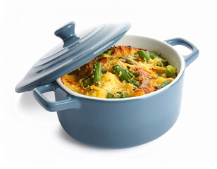 A pot of Green Bean Casserole isolated on a white background