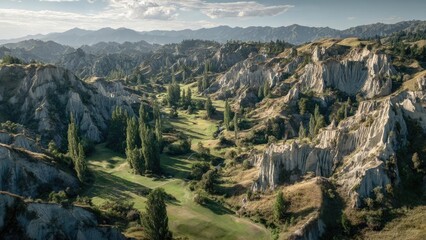 A golf course nestled in a rugged canyon with white eroded rock formations and tall trees. Concept Canyon Golf Course Photography, White Eroded Rock Formations, Tall Trees in Rugged Landscape