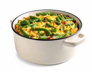 A pot of Green Bean Casserole isolated on a white background
