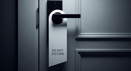 A door hanger with the message do not disturb hanging on a closed door in a dimly lit hotel room, creating a sense of privacy and tranquility