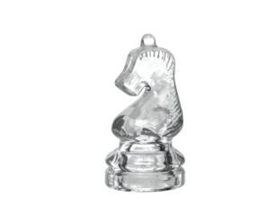 A clear knight chess piece, reflecting light against a black background