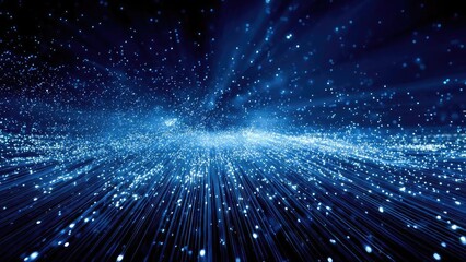 Blue glowing particles and light streaks radiating across a dark blue background, like a digital data stream. Concept Blue glowing particles, Light streaks, Dark blue background