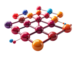 3D rendering of a colorful, interconnected molecular structure floating against a black backdrop