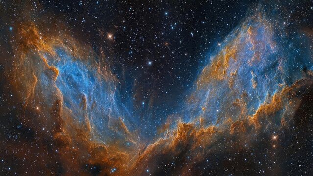 A vibrant space nebula with blue and orange gas filaments. Concept Cosmic Nebula Colors, Blue-Orange Gas Filaments, Interstellar Light, Deep Space Luminosity, Stellar Nursery Cloud