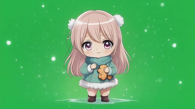 A charming anime-style chibi girl with pink hair, a warm scarf, and a gingerbread cookie stands on a green background, creating a cute scene.