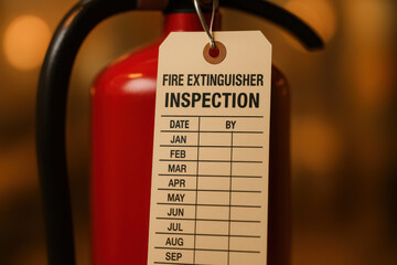 Fire extinguisher inspection tag close up. Shows maintenance record for workplace safety and industrial compliance check, ensuring responsible fire prevention procedures