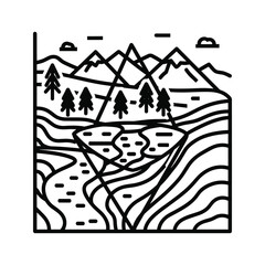 Minimalist line art illustration of a mountain landscape with trees and river