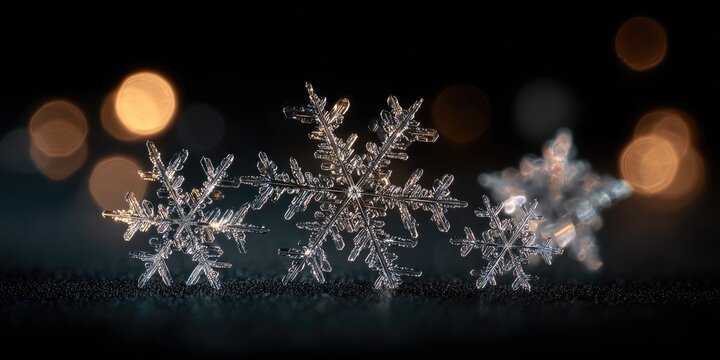Close-up of intricate snowflakes against a dark background with bokeh lights - Powered by Adobe