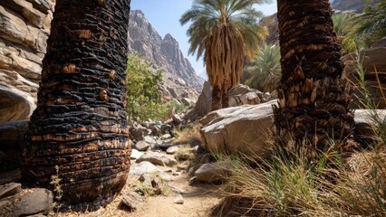 Charred palm trees in a rocky desert canyon with a sandy trail and rugged mountains. Concept Desert canyon landscape, Charred palm trees, Rocky terrain, Sandy trail, Rugged mountains