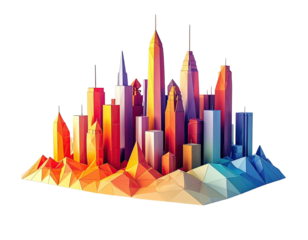 A stylized cityscape in a polygonal art style, vibrant hues, set against a black backdrop