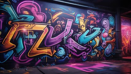 Colorful abstract graffiti art painted on an urban wall, vibrant hues of orange, purple, pink, teal, blue in a public space. - Powered by Adobe