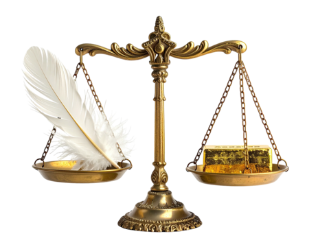 Antique balance scale, a feather on one side and gold bars on the other