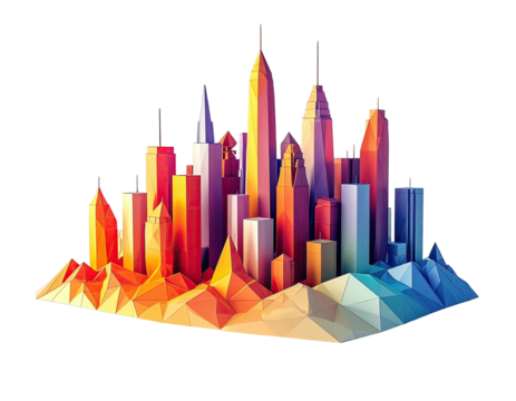 A stylized cityscape in a polygonal art style, vibrant hues, set against a black backdrop