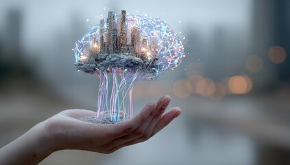 A hand holds a miniature city resting on a cloud-like structure