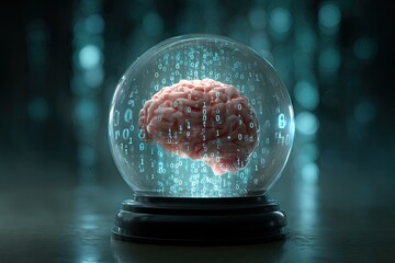 A glowing brain within a crystal ball, surrounded by digital code