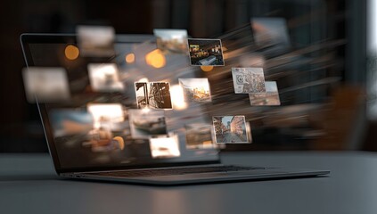 Laptop screen displaying photos that are flying out