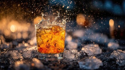 Whiskey on the rocks splashing in a glass, ice cubes on a frosty surface with warm bokeh lights in the background. Concept Whiskey on the rocks splash, Ice cubes on a frosty surface