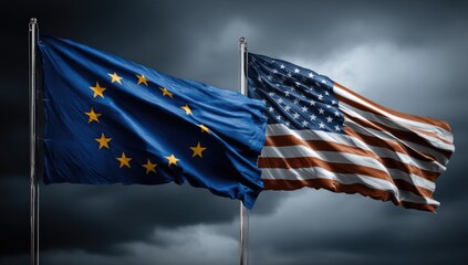 Flags of the US and Europe billow in a storm, symbolizing alliance amidst global change
