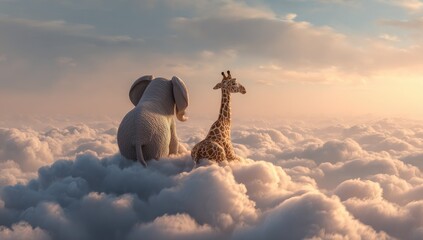 An elephant and giraffe sit atop fluffy white clouds, gazing into a sunrise