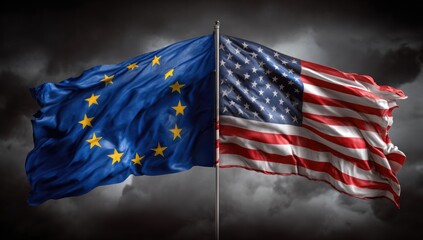 A divided frame depicts the flags of two prominent world powers. Dark, stormy sky creates the backdrop