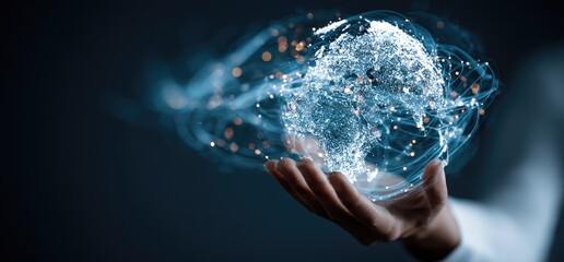 A hand holds a holographic representation of Earth, surrounded by ethereal energy