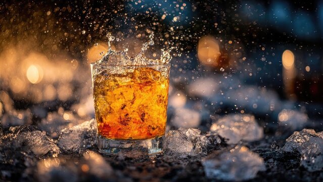 Whiskey on the rocks splashing in a glass, ice cubes on a frosty surface with warm bokeh lights in the background. Concept Whiskey on the rocks splash, Ice cubes on a frosty surface