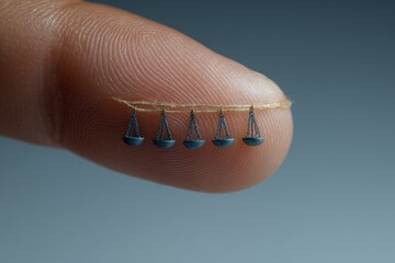 Tiny scales strung on a thread rest on a fingertip, representing balance and measurement