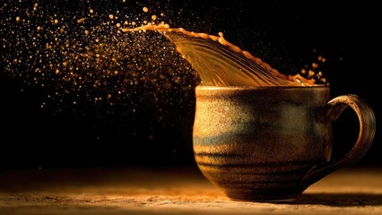 A rustic brown ceramic mug with a dramatic splash of orange liquid bursting from its rim, droplets scattering in the dark. Concept Rustic Ceramic Mug, Orange Liquid Splash, Dark Backdrop