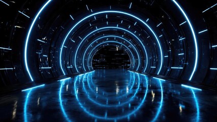 Blue neon circular tunnel with glowing rings and a reflective floor. Concept Blue neon tunnel, Circular glowing rings, Reflective floor ambience, Futuristic photography, Neon blue lighting