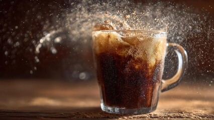 Iced coffee in a glass mug with foam, splashing droplets captured mid-air. Concept Iced coffee in a glass mug with foam, droplets splashing mid-air, splash photography, close-up beverage photography
