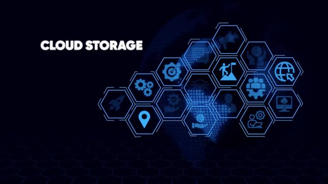 Cloud Storage Network of Hexagonal Icons with Digital Globe Background data technology - Powered by Adobe