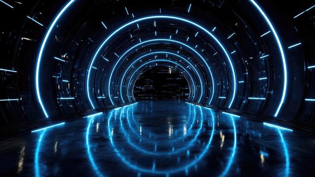 Blue neon circular tunnel with glowing rings and a reflective floor. Concept Blue neon tunnel, Circular glowing rings, Reflective floor ambience, Futuristic photography, Neon blue lighting