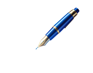 A digitally rendered, isolated, shiny blue fountain pen with gold accents, set against a black backdrop