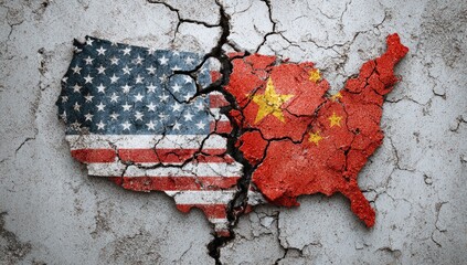 A cracked map showing USA and China, symbolizing geopolitical division, fractured relationships, and tensions