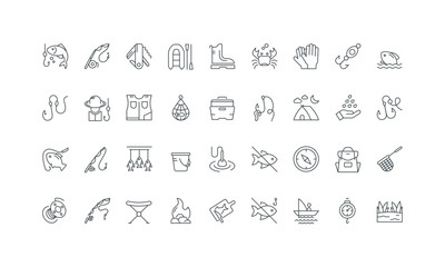 Fishing rod and hooks, waders and folding chair, net thin black and red outline symbols vector illustration Fishing for hobby and recreation, fisherman equipment to catch fish, camp line icon set.
