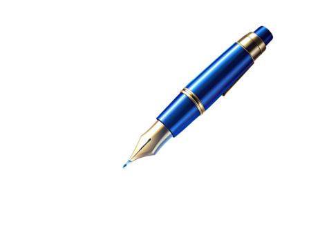 A digitally rendered, isolated, shiny blue fountain pen with gold accents, set against a black backdrop