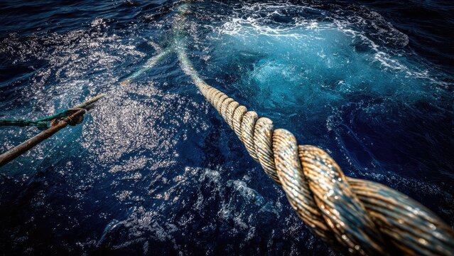 Close-up of a thick, weathered rope on a boat extending over a sparkling deep blue ocean. Concept Rope close-up, Weathered rope texture, Boat rigging, Deep blue ocean, Sparkling water