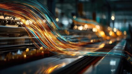 Colorful fiber-optic cables weaving through a high-tech data center, glowing orange, blue and teal light trails. Concept Fiber-optic cables in data center, Glowing orange blue teal light trails